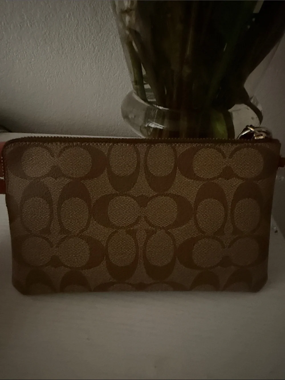 Coach Brown Signature Wristlet with Pearl & Cherry Charm (charm not included)